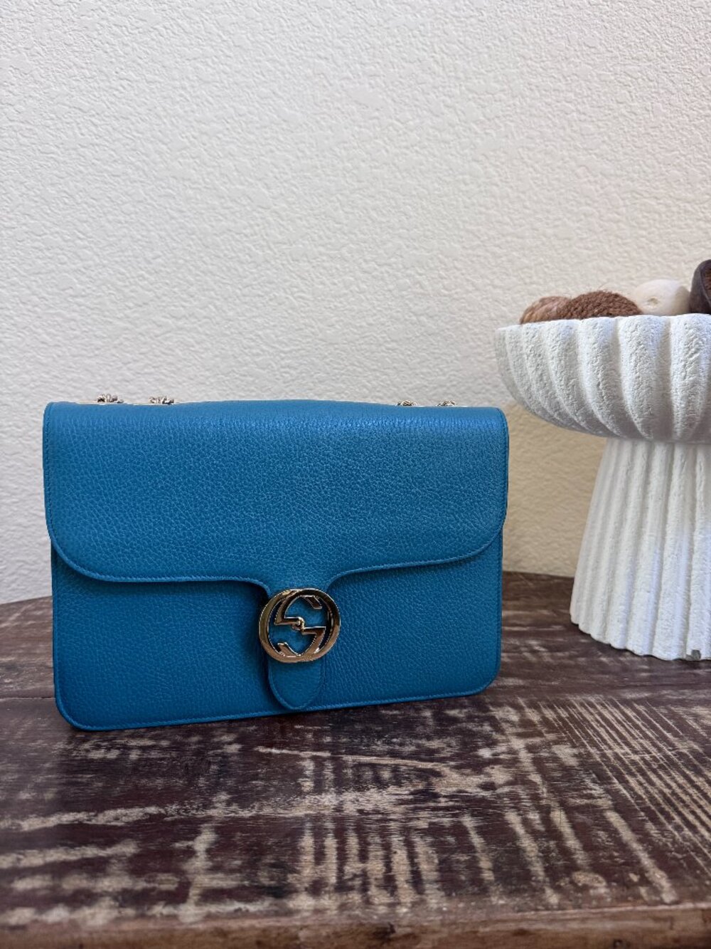 Gucci Turquoise Leather Interlocking G Crossbody Bag + COA